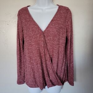 Final Touch Small Burgundy Draped Front Long Sleeve Blouse Ribbed V-neck Soft